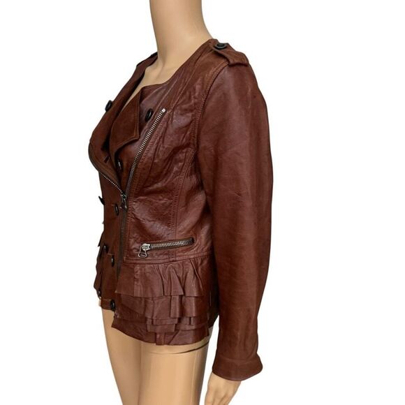 3.1 Phillip Lim Lambskin soft Leather Ruffled Cognac Zip Up Jacket silk lining 4 - Picture 7 of 16